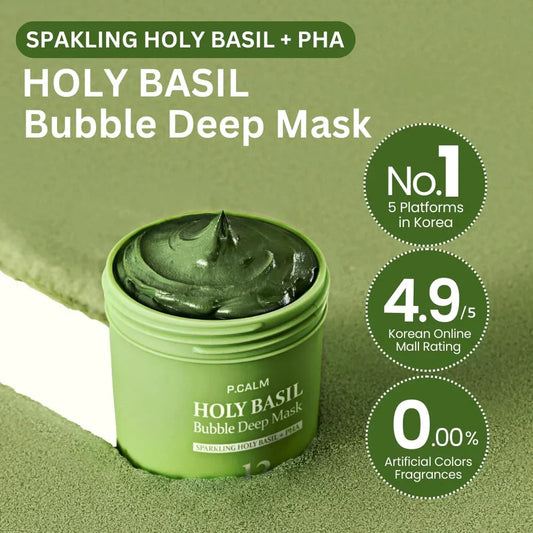 P.CALM Maschera carbonata al basilico sacro: detergente per pori profondi e punti neri che trasforma l'argilla in bolle & Sebum Control, 90 g Spa Experience Organizer per il trucco