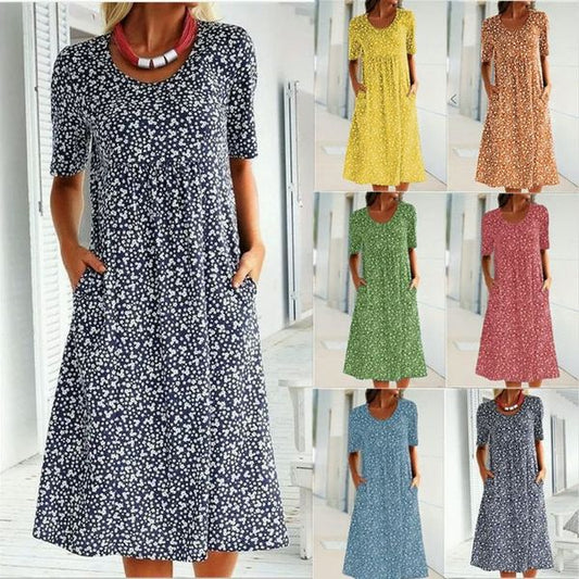 🎁Heißer Verkauf🎁Lässiges Damenkleid mit U-Ausschnitt und Blumenmuster (mit Taschen)