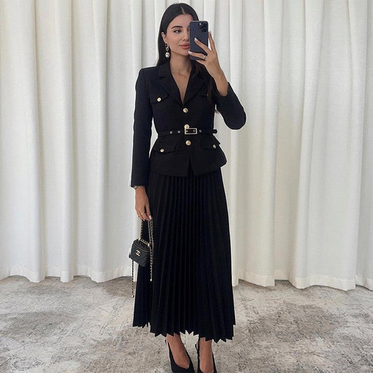 ✨Nuovo arrivo✨Blazer con revers da donna & Set di 2 pezzi con gonna lunga plissettata e cintura abbinata