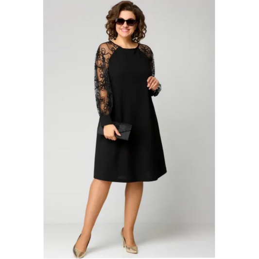 🌸Frühlingsangebote🌸Spitzen-Patchwork-Kleid mit Rundhalsausschnitt und langen Ärmeln