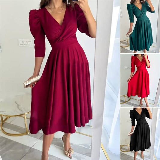🌸Offerte speciali di primavera💐 Abito midi snellente con scollo a V e pieghe da donna - Lusinghiero & Versatile per ogni occasione primaverile