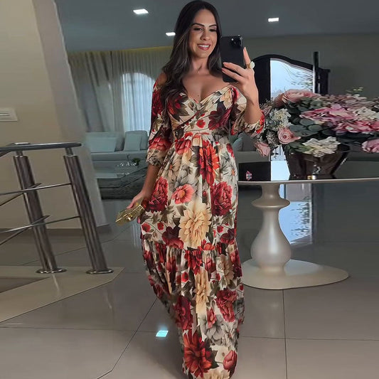 🌹【50 % Rabatt】 Damen-Plisseekleid mit V-Ausschnitt und Blumenmuster 🌹 | Verjüngender Farbalgorithmus | Wandelbares V/Off-Shoulder