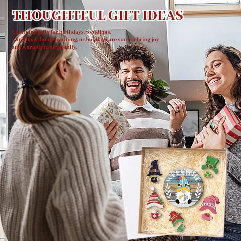🍁Las mejores decoraciones navideñas🎄Letrero de bienvenida de gnomo de madera intercambiable🎈