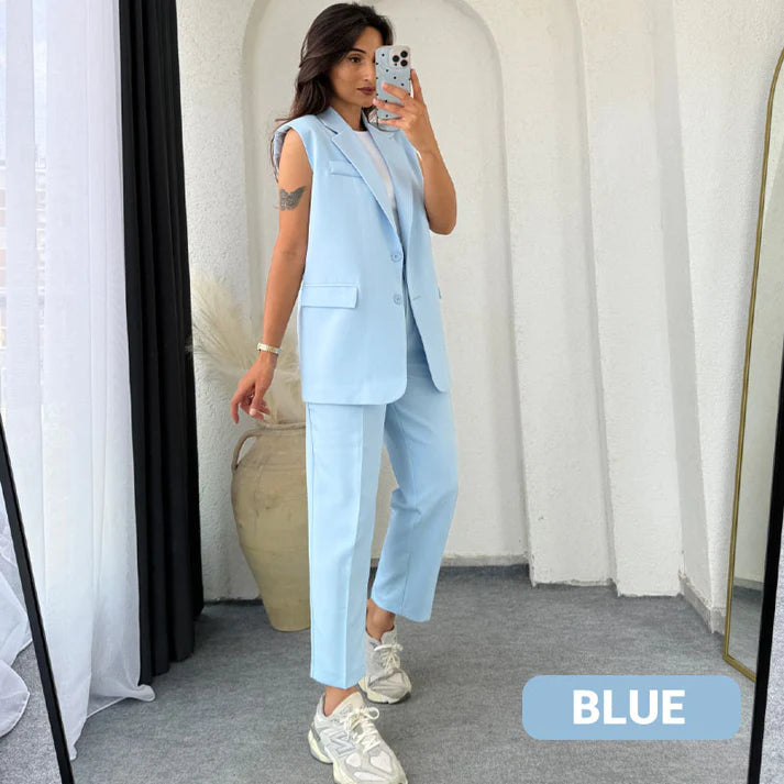 ⏰Ultimo giorno di vendita 49% di sconto💖Blazer elegante senza maniche da donna & Set di pantaloni a vita alta