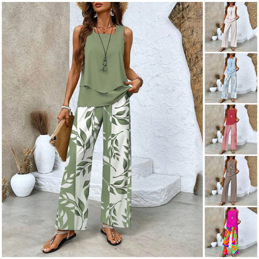 🔥 Hot Sale 50% OFF🌺Women's Trendy Print 2 Piece Outfits Sleeveless Top & Pants | V-Cut Top + High-Waist Pants | Trendy Loungewear
