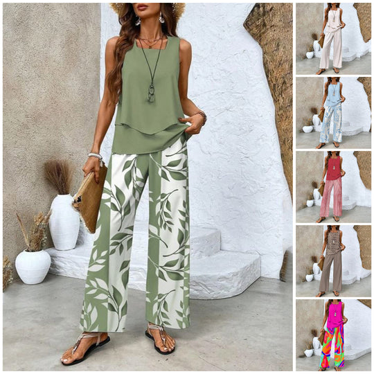 🔥 Hot Sale 50% OFF🌺Women's Trendy Print 2 Piece Outfits Sleeveless Top & Pants | V-Cut Top + High-Waist Pants | Trendy Loungewear