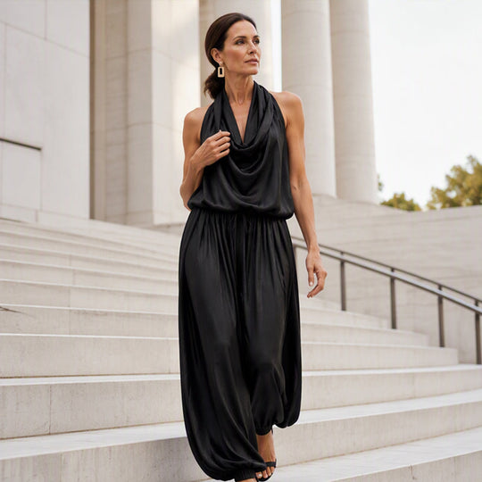🎁New Arrivals 50% OFF💥Sleeveless Cowl Neck Jumpsuit – Halter, Wide-Leg, Elegant