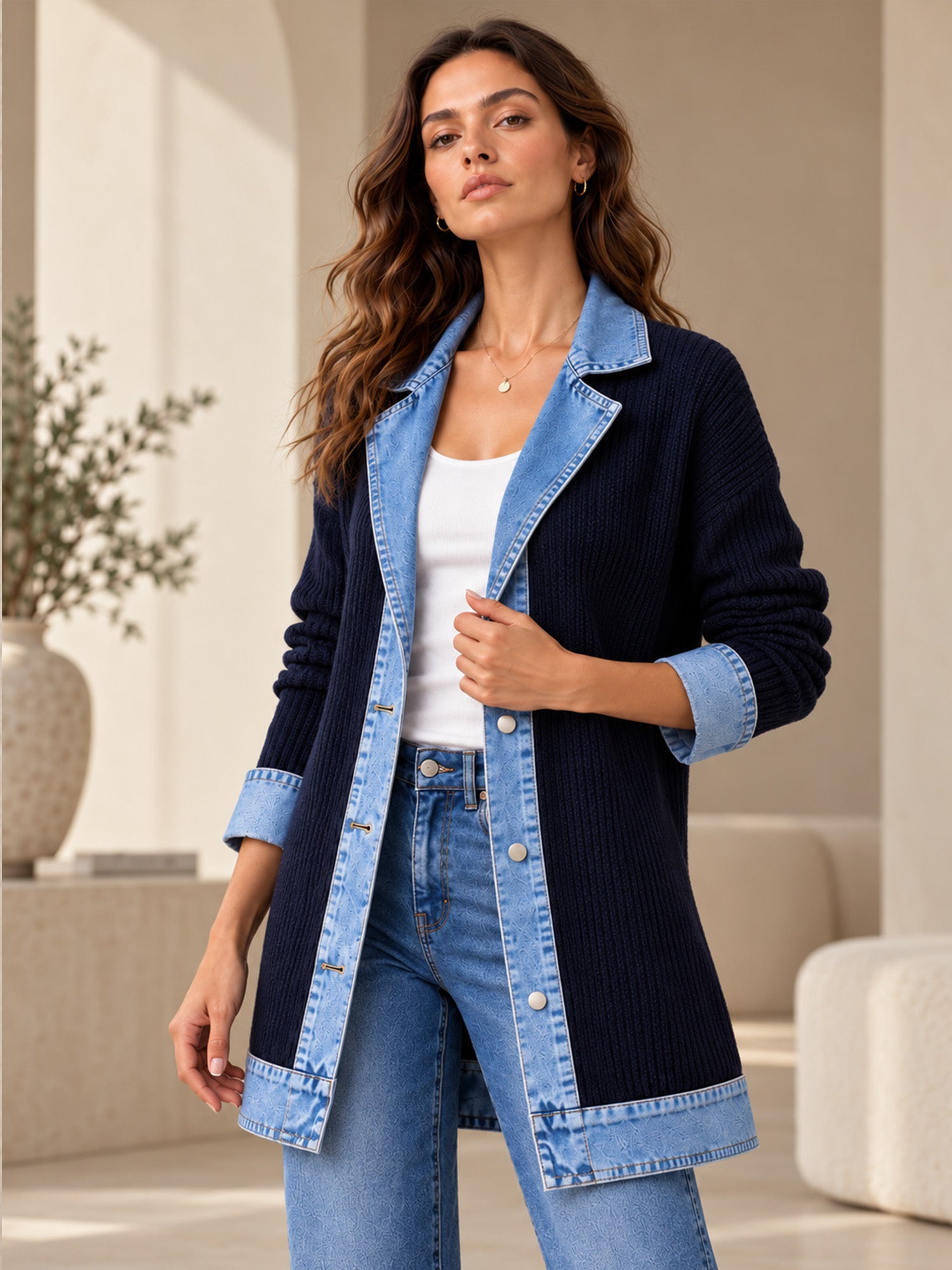 Manteau en maille côtelée élégant pour femme avec empiècements en jean
