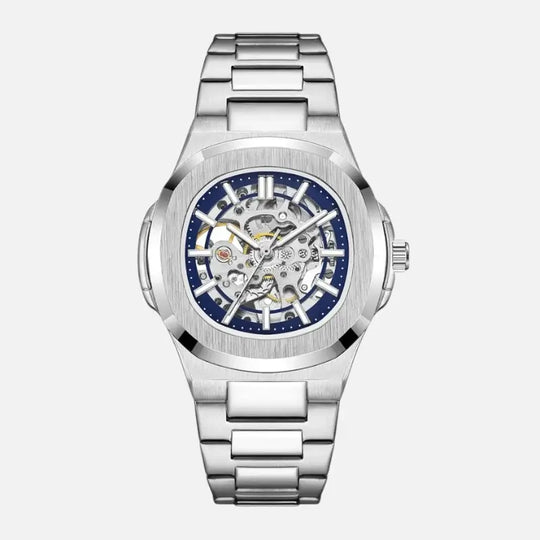 Skeleton Hollow Män Automatisk Mekanisk Klocka Steampunk Sliver Blå Full Steel Vattentät Armbandsur Man Mechanism Klocka