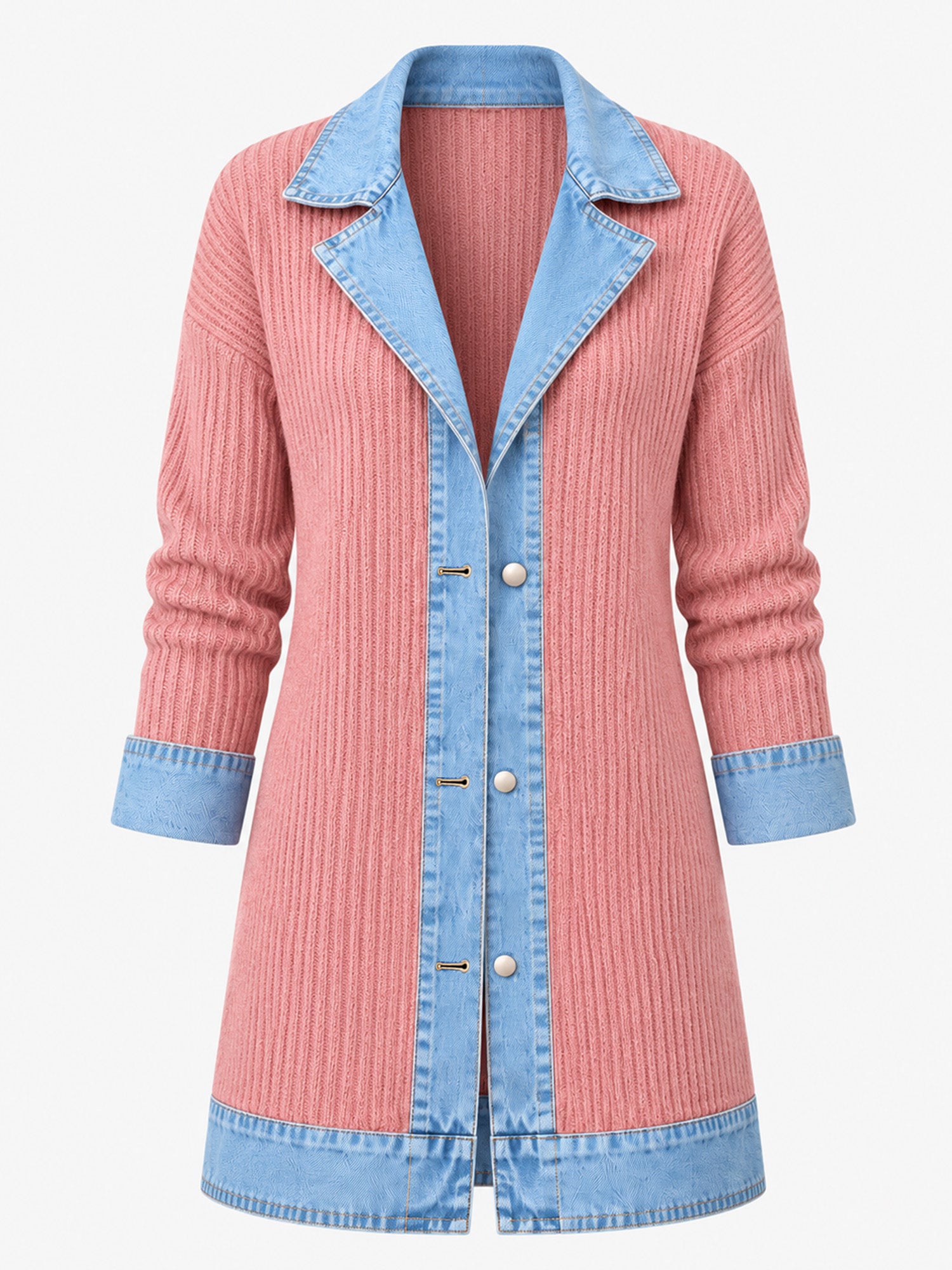 Manteau en maille côtelée élégant pour femme avec empiècements en jean