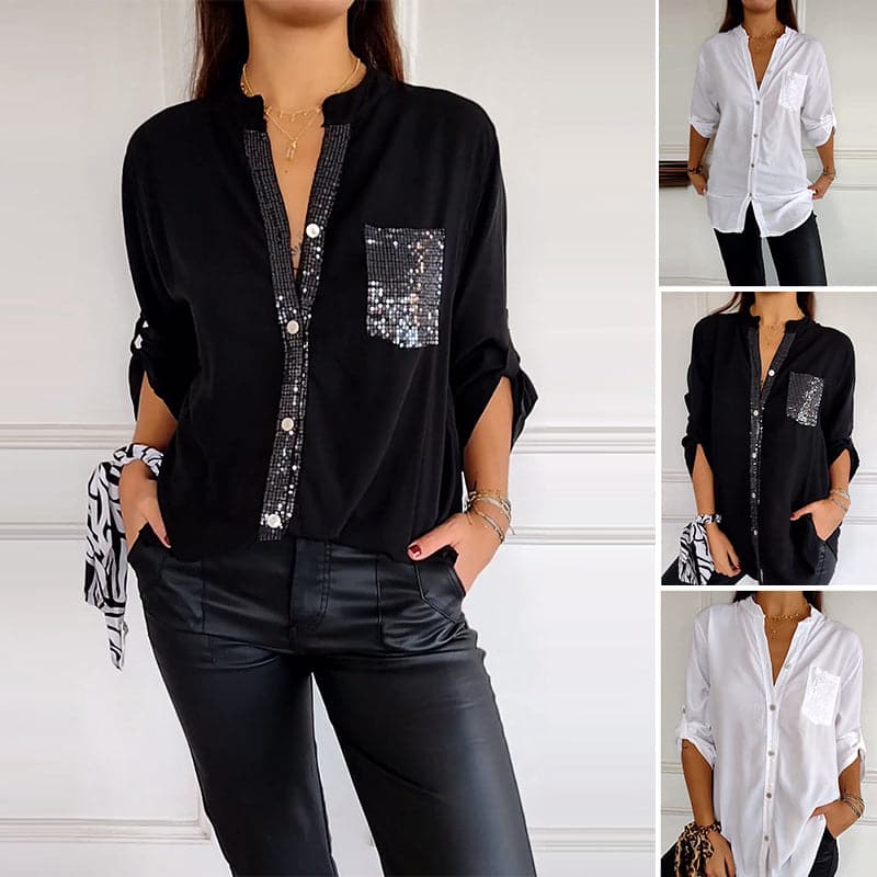 🌷Cotton V-neck Sequin Mid-sleeve Casual Top – Everyday Comfort With a Touch of Sparkle