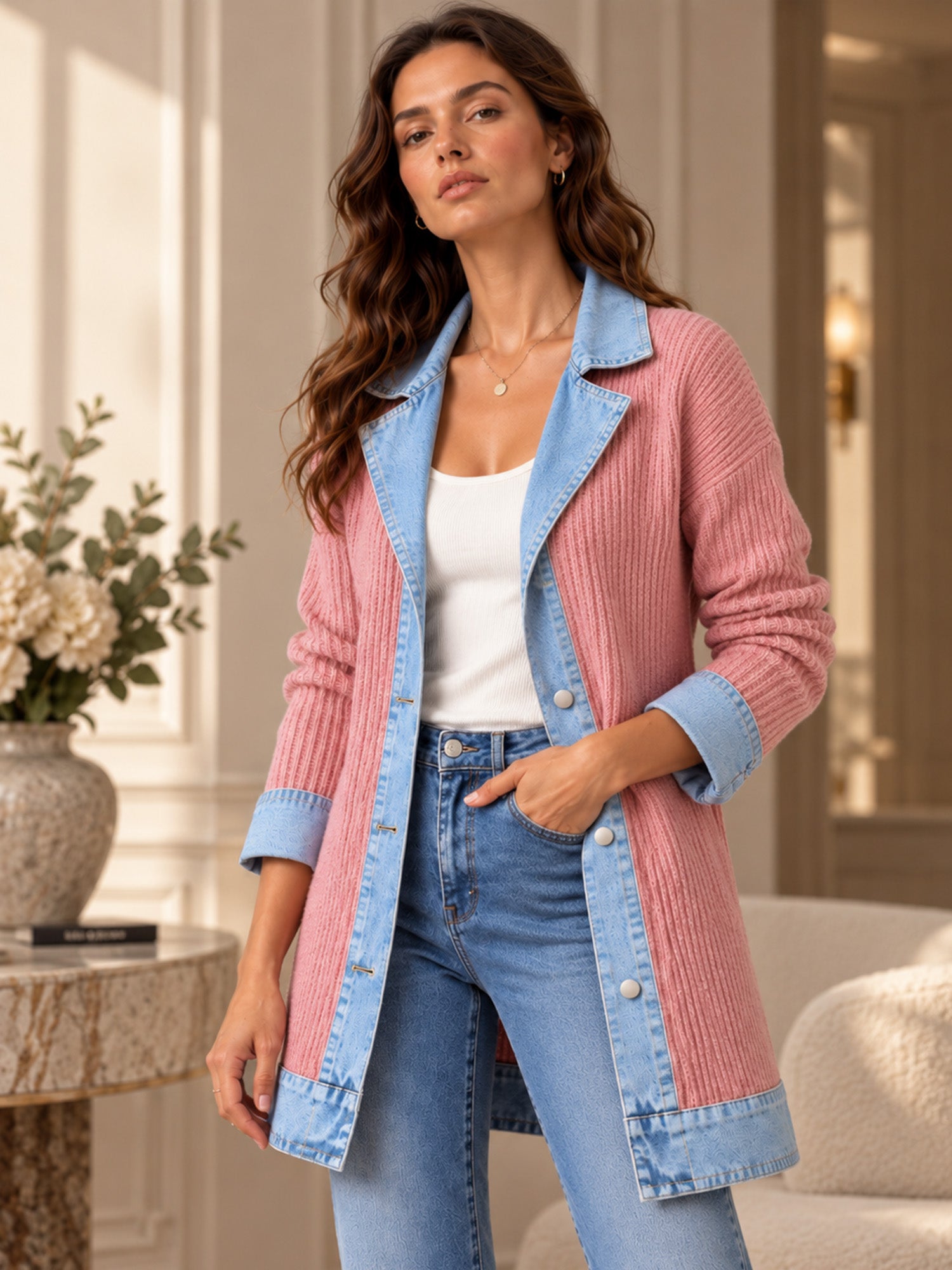 Manteau en maille côtelée élégant pour femme avec empiècements en jean