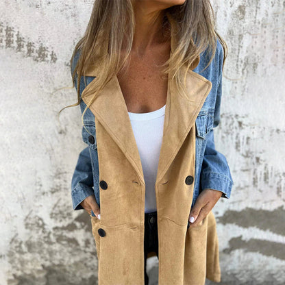 🌸Spring Revamp🌸Mid-Length Trench Coat with Denim Jean Stitching - Perfect for Spring!
