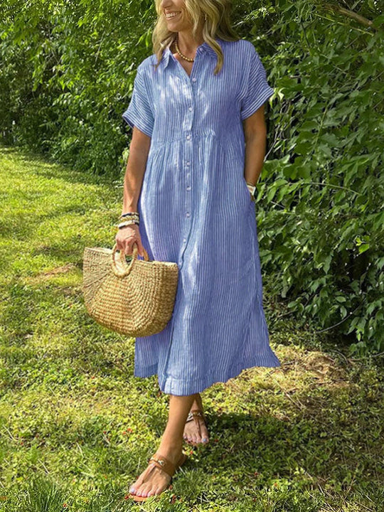 🎉Saldi speciali di questa settimana - 50% di sconto✨Abito camicia a righe con bottoni e revers | Con tasche funzionali