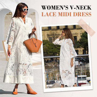 🌷Women's V-Neck Lace Midi Dress 🌷 | Convertible Sleeves | Machine-Washable Lace