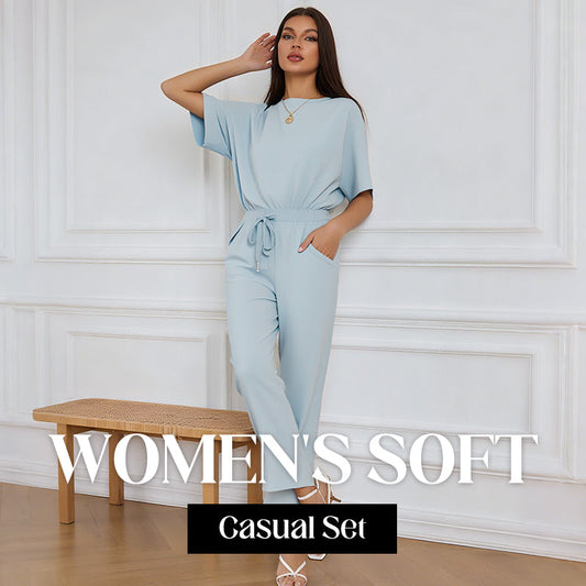 🤍Set bluză elegantă minimalistă cu pantaloni largi🖤Set de două piese la modă, culoare uni