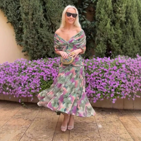 ⏳Offerta speciale a tempo limitato⏰ Abito stampato da donna con scollo a V e spalle scoperte