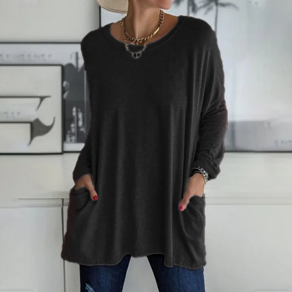 🔥50% DE RÉDUCTION🔥 T-shirt ample femme à manches longues et col rond – Confortable et stylé 👕✨