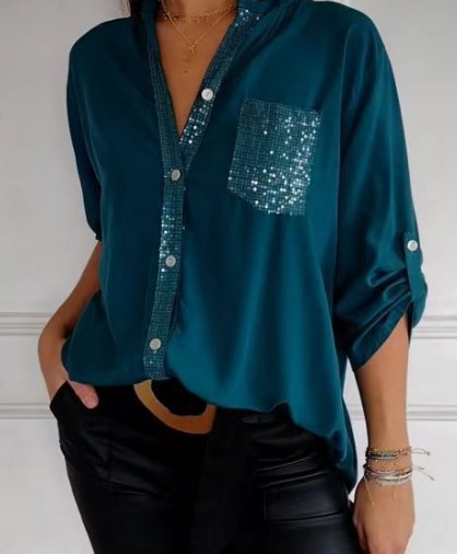 🌷Cotton V-neck Sequin Mid-sleeve Casual Top – Everyday Comfort With a Touch of Sparkle