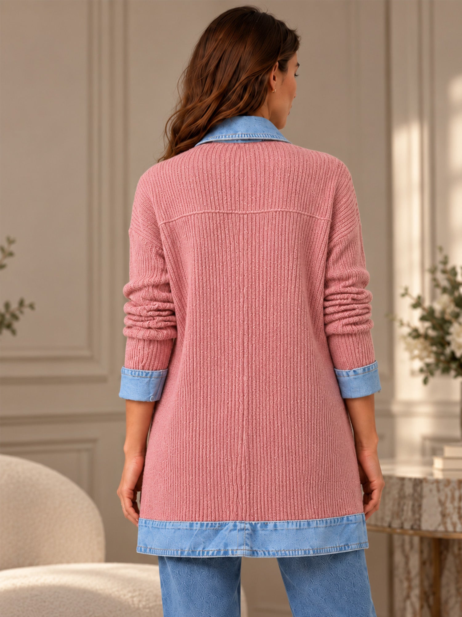 Manteau en maille côtelée élégant pour femme avec empiècements en jean
