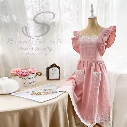 🥳2026 HOT SALE🥳💞Washed Cotton Linen Lace Aprons Ruffles Work Clean Apron for Woman Overalls Dress