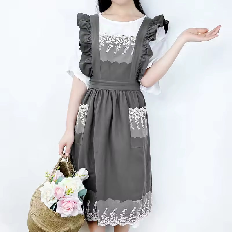🥳2026 HOT SALE🥳💞Washed Cotton Linen Lace Aprons Ruffles Work Clean Apron for Woman Overalls Dress
