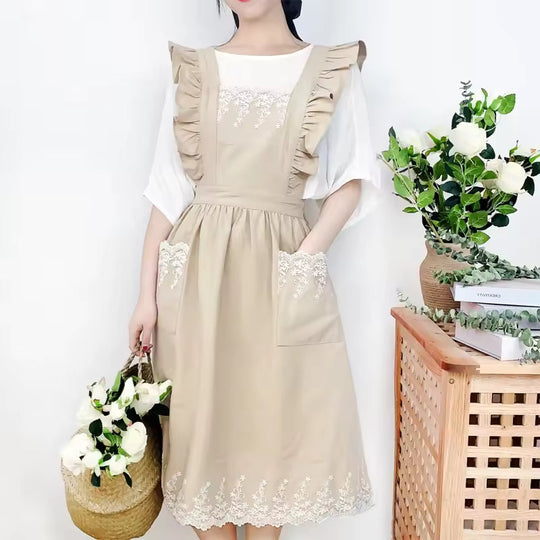 🥳2026 HOT SALE🥳💞Washed Cotton Linen Lace Aprons Ruffles Work Clean Apron for Woman Overalls Dress