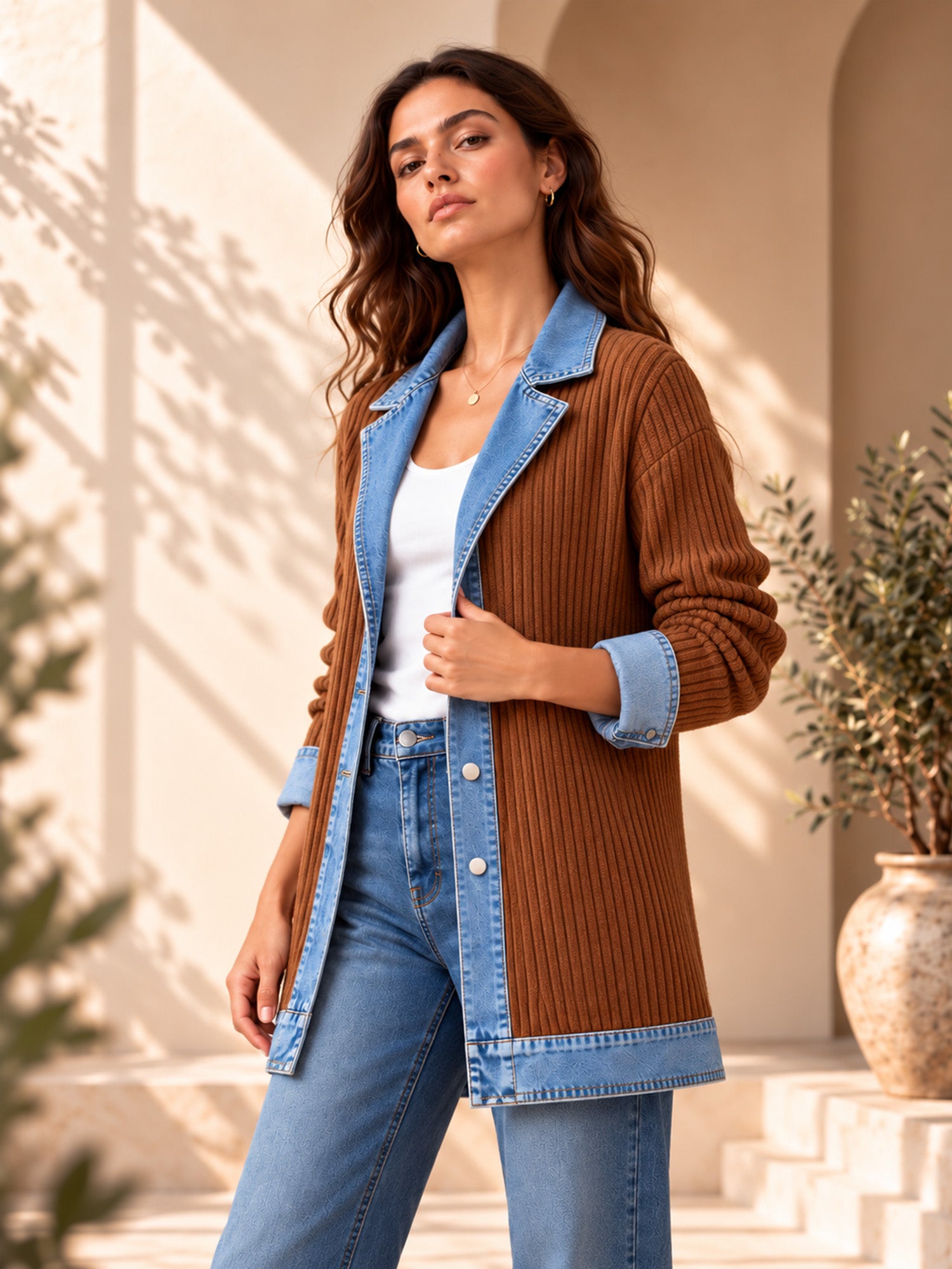 Manteau en maille côtelée élégant pour femme avec empiècements en jean