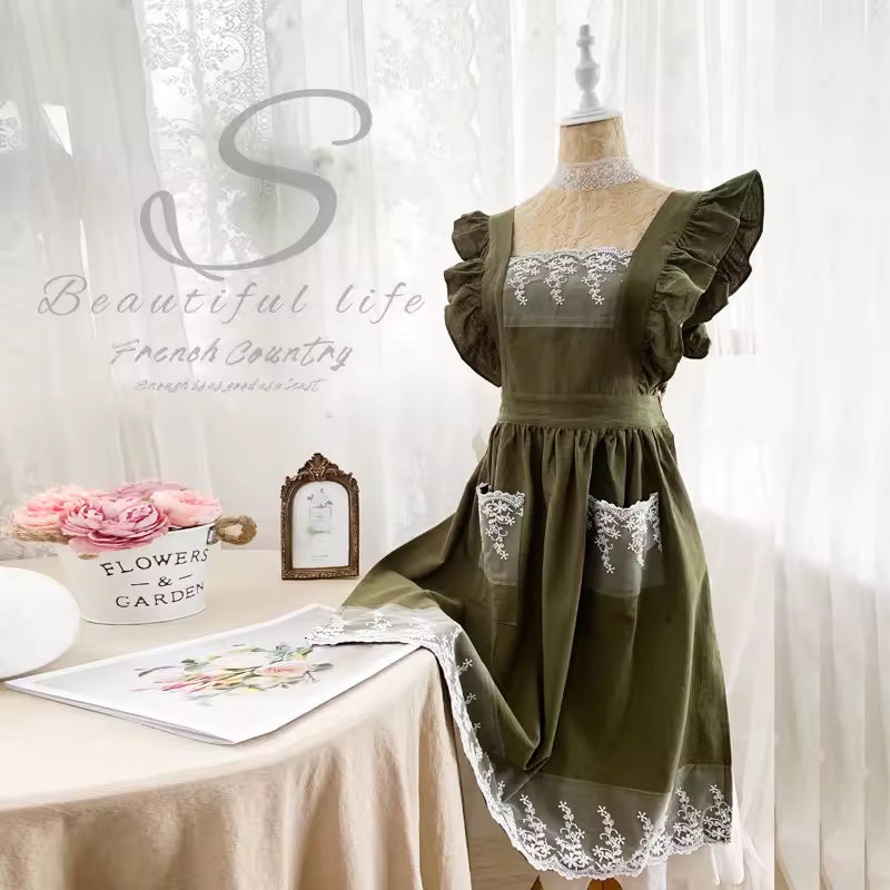 🥳2026 HOT SALE🥳💞Washed Cotton Linen Lace Aprons Ruffles Work Clean Apron for Woman Overalls Dress