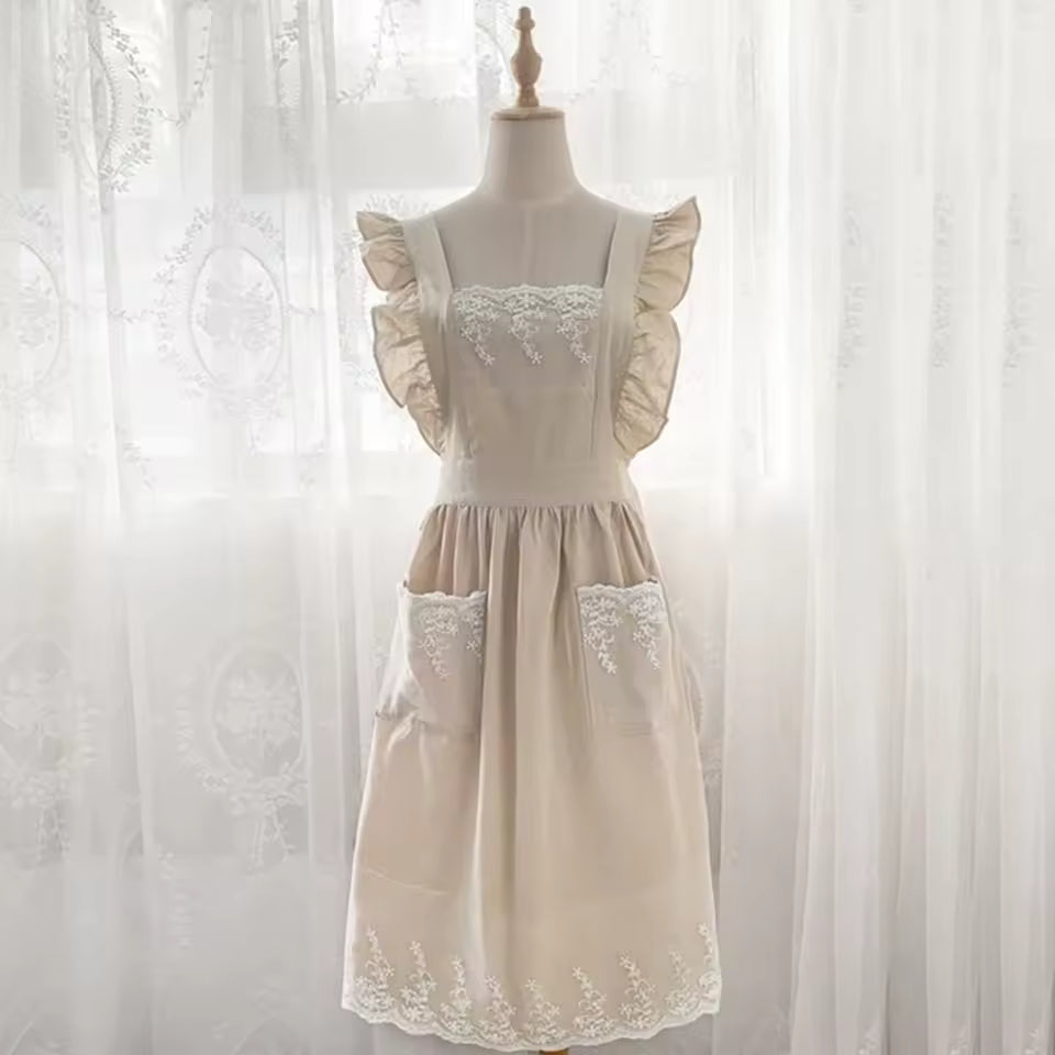 🥳2026 HOT SALE🥳💞Washed Cotton Linen Lace Aprons Ruffles Work Clean Apron for Woman Overalls Dress