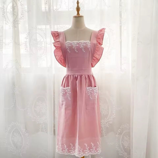 🥳2026 HOT SALE🥳💞Washed Cotton Linen Lace Aprons Ruffles Work Clean Apron for Woman Overalls Dress