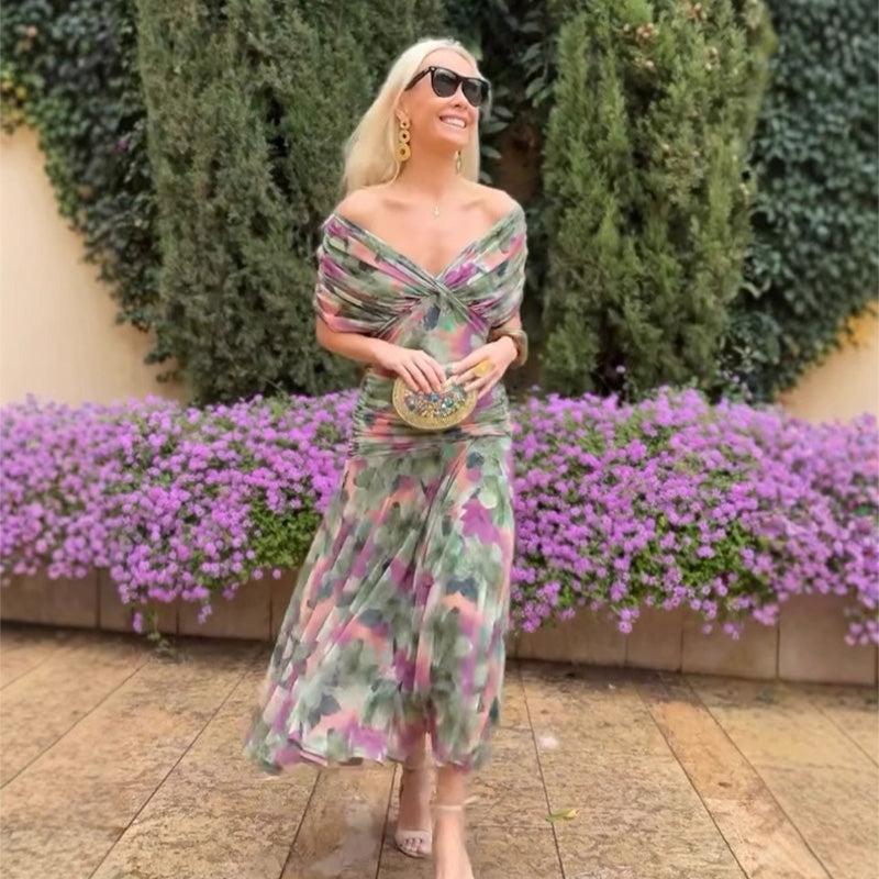 ⏳Offerta speciale a tempo limitato⏰ Abito stampato da donna con scollo a V e spalle scoperte
