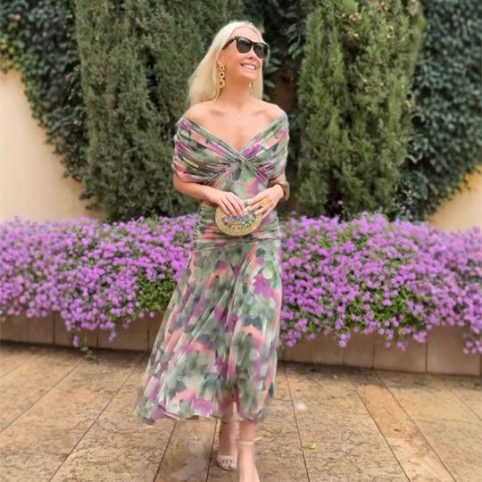 ⏳Offerta speciale a tempo limitato⏰ Abito stampato da donna con scollo a V e spalle scoperte