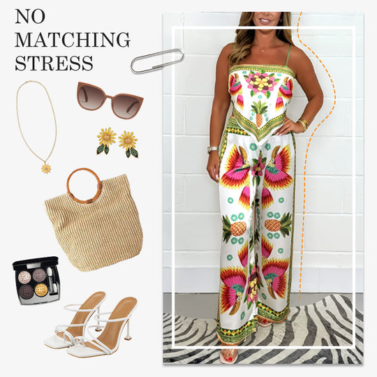 🔥New Arrival- 49% OFF💝Women's Exotic Spaghetti Strap Printed Top & Loose Pants 2-Piece Set