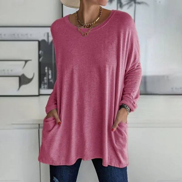 🔥50% DE RÉDUCTION🔥 T-shirt ample femme à manches longues et col rond – Confortable et stylé 👕✨