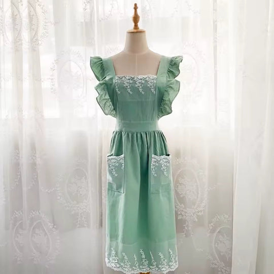 🥳2026 HOT SALE🥳💞Washed Cotton Linen Lace Aprons Ruffles Work Clean Apron for Woman Overalls Dress
