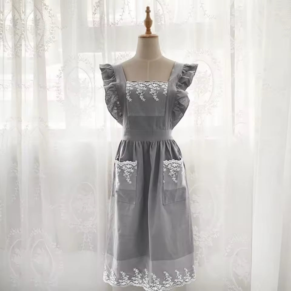 🥳2026 HOT SALE🥳💞Washed Cotton Linen Lace Aprons Ruffles Work Clean Apron for Woman Overalls Dress