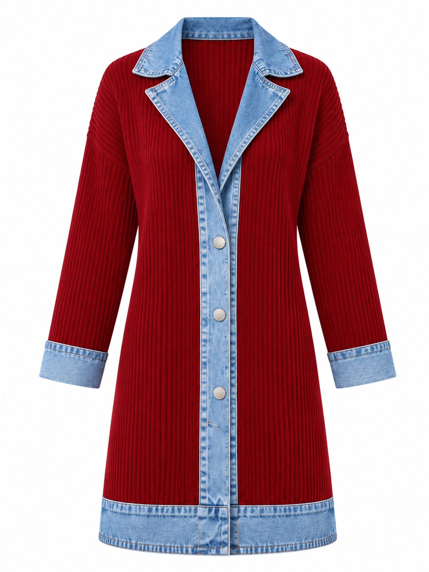 Manteau en maille côtelée élégant pour femme avec empiècements en jean