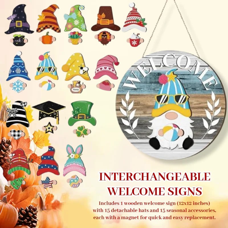 🍁Las mejores decoraciones navideñas🎄Letrero de bienvenida de gnomo de madera intercambiable🎈