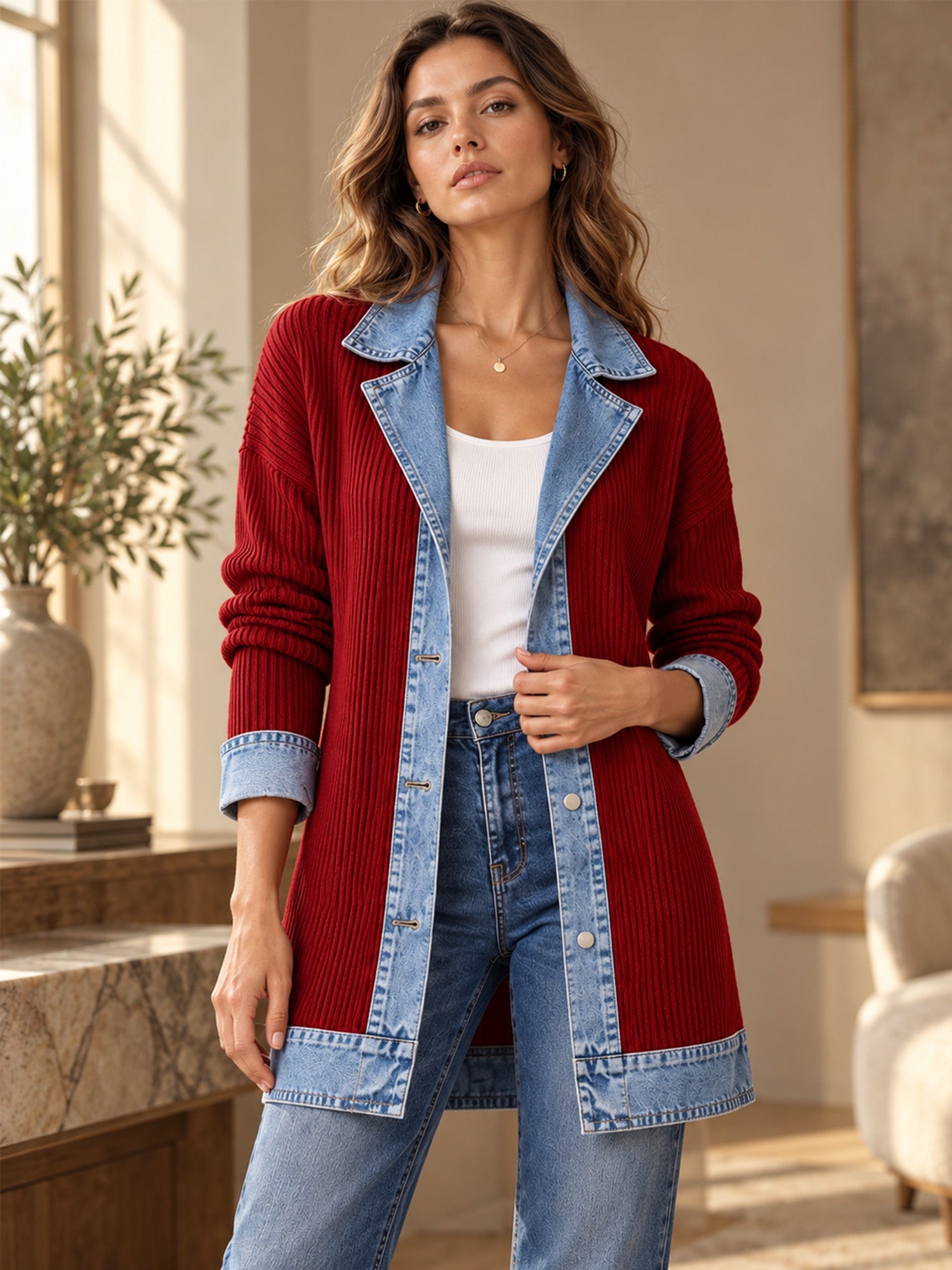 Manteau en maille côtelée élégant pour femme avec empiècements en jean