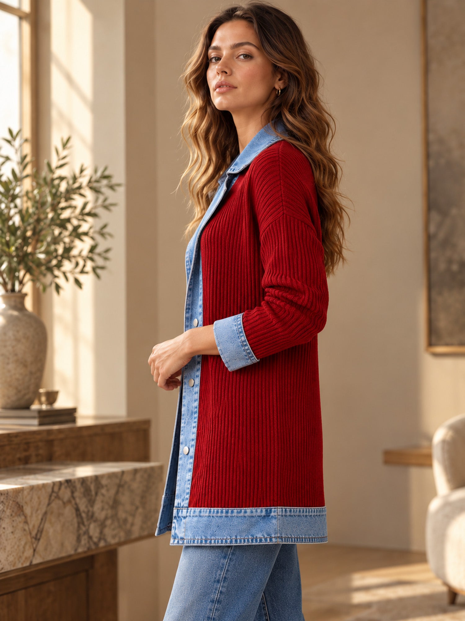 Manteau en maille côtelée élégant pour femme avec empiècements en jean