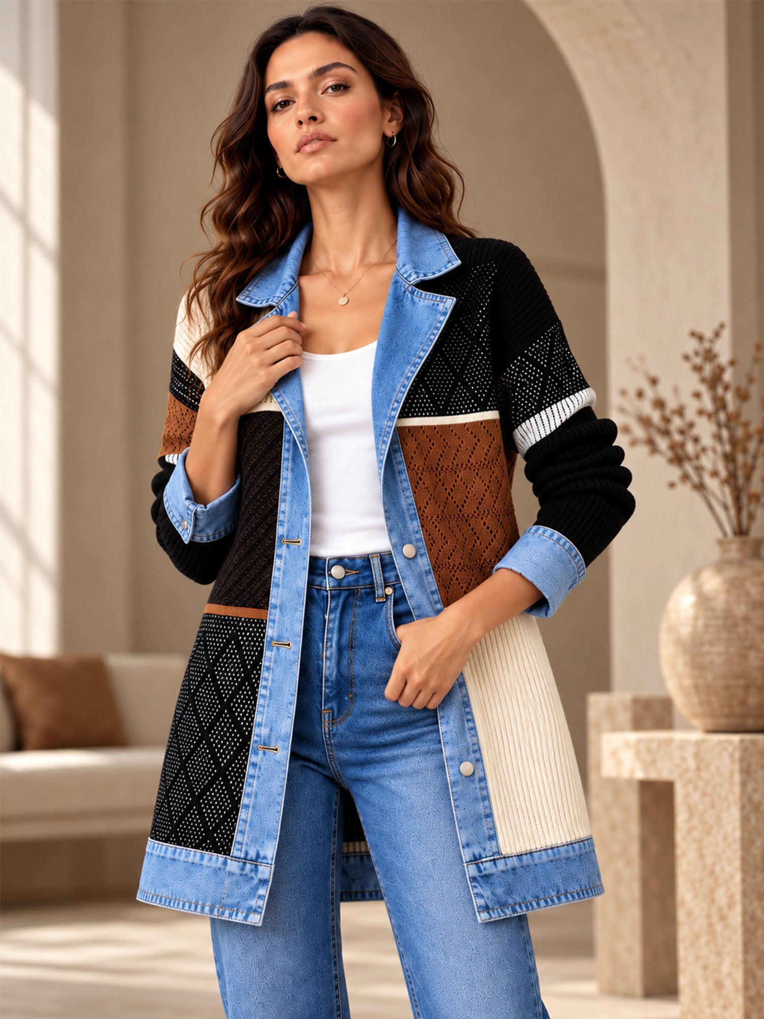 Manteau en maille côtelée élégant pour femme avec empiècements en jean
