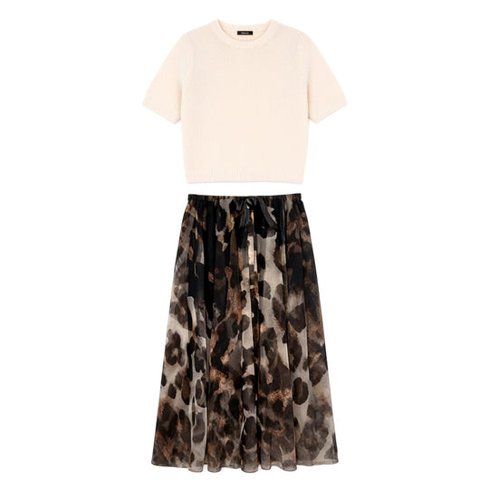 ✨🔥Ensemble deux pièces pour femme composé d'un pull et d'une jupe fluide à imprimé léopard