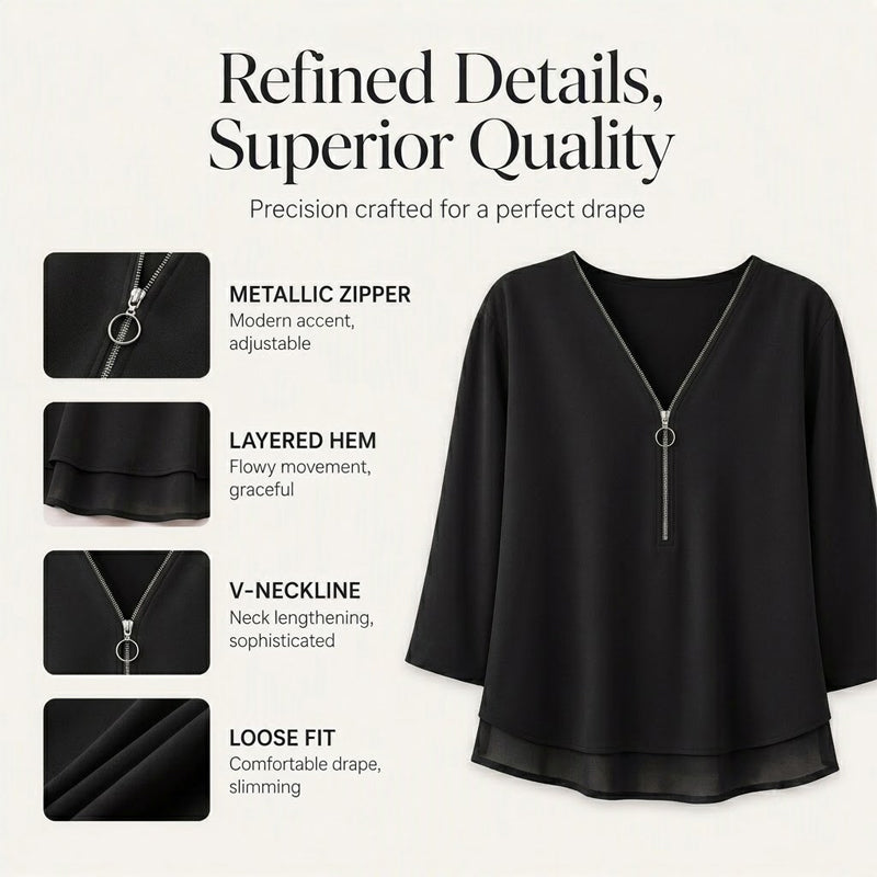 Double-Layer V-neck Zipper 3/4 Sleeves Soft Tops