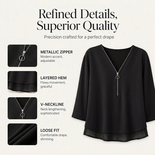 Double-Layer V-neck Zipper 3/4 Sleeves Soft Tops