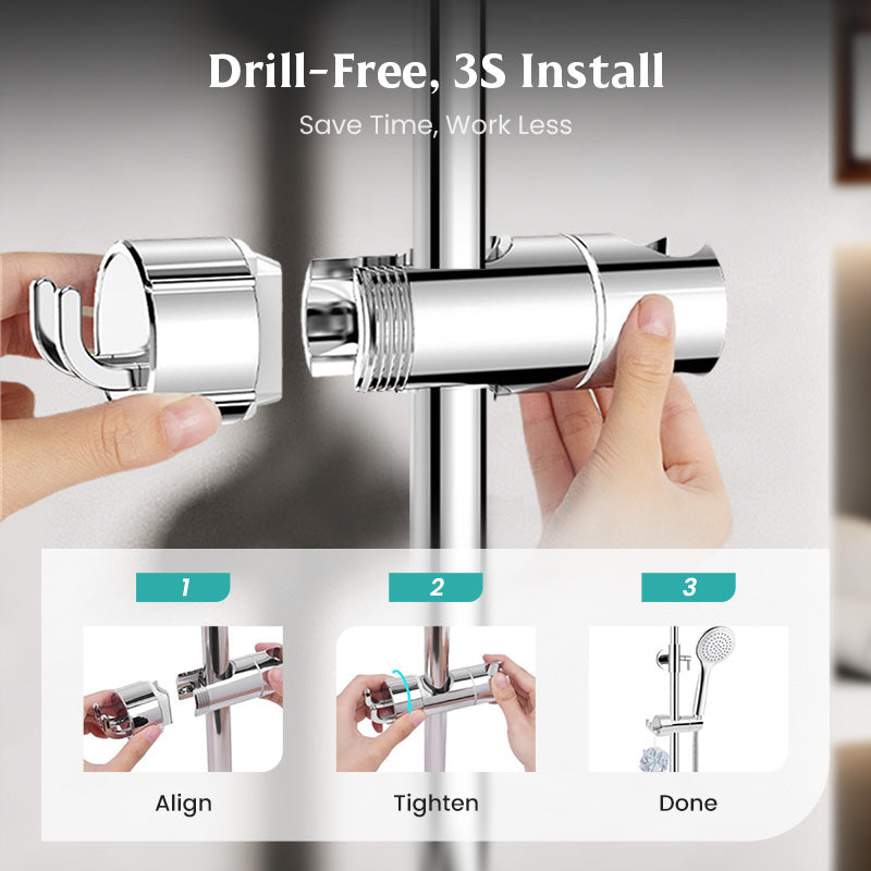 Hole-free shower head bracket with sliding sleeve, adjustable height rod, hook and mounting bracket for shower unit and shower head
