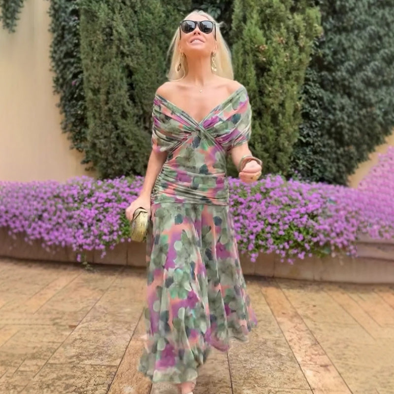 ⏳Offerta speciale a tempo limitato⏰ Abito stampato da donna con scollo a V e spalle scoperte
