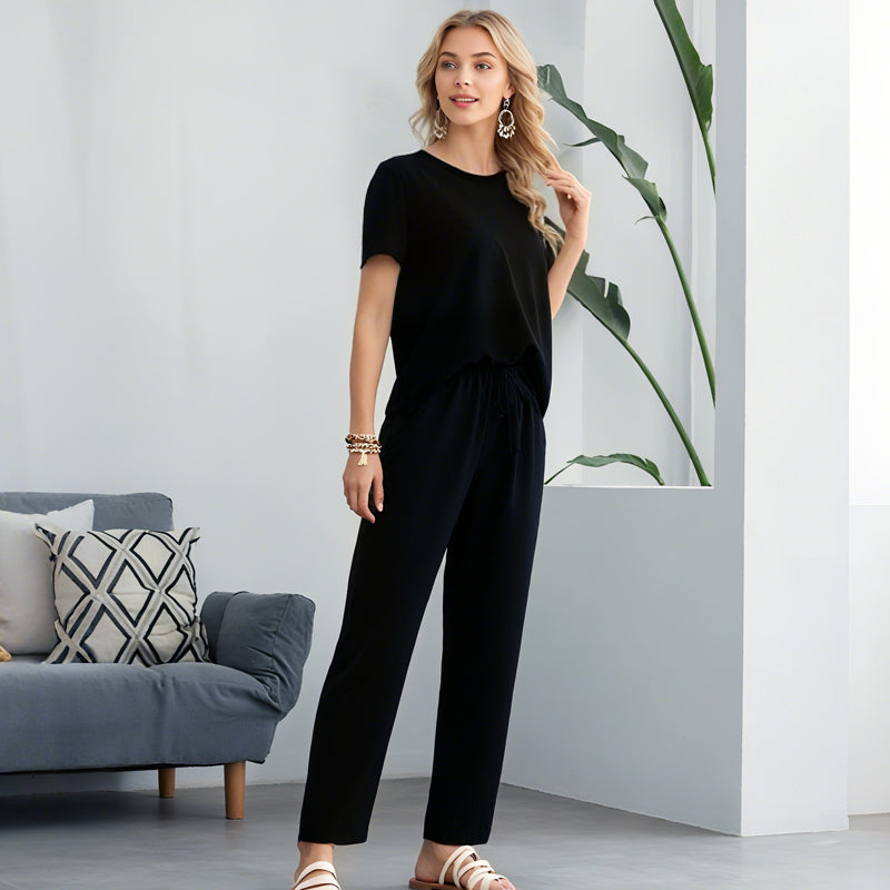 🤍Completo composto da top elegante minimale e pantaloni a gamba larga🖤Completo due pezzi alla moda in tinta unita