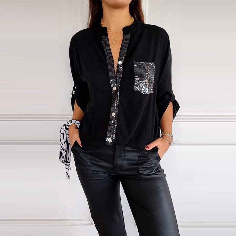 🌷Cotton V-neck Sequin Mid-sleeve Casual Top – Everyday Comfort With a Touch of Sparkle