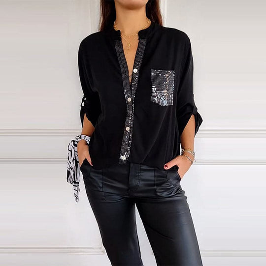 🌷Cotton V-neck Sequin Mid-sleeve Casual Top – Everyday Comfort With a Touch of Sparkle
